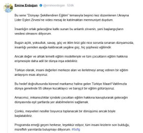Emine Erdoğan, 5'inci Lider Eşleri Zirvesi'ne video mesaj gönderdi