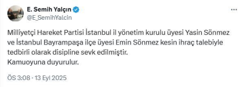 MHP'de 2 isim ihraç talebiyle disipline sevk edildi