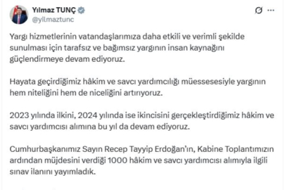 Bakan Tunç: Bin hakim ve savcı yardımcısı alımıyla ilgili sınav ilanını yayımladık