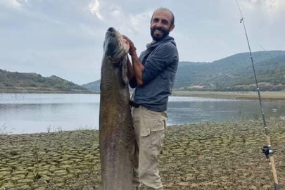 Su seviyesi düşen barajda yayın balığı avlıyorlar