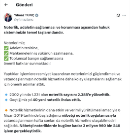 Bakan Tunç: Nöbetçi noterlik uygulamasıyla 3 milyon 960 bin 246 işlem gerçekleştirildi