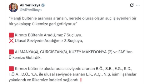 Kırmızı bültenle ve ulusal seviyede aranan 10 suçlu Türkiye'ye getirildi