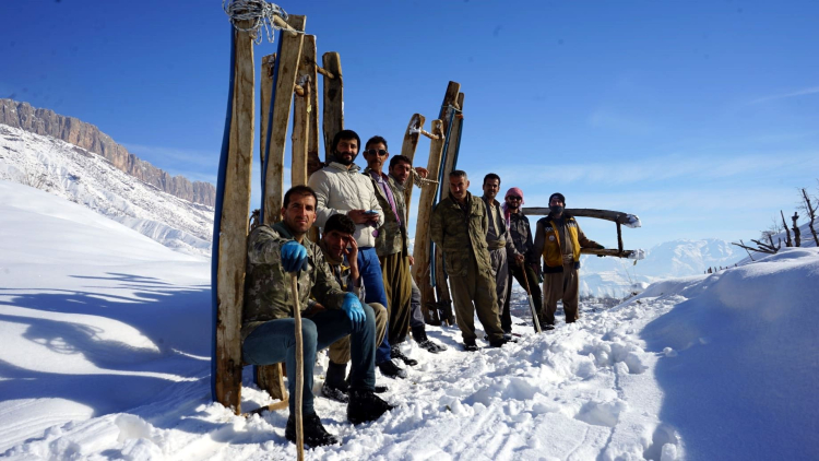 Hakkari’de besiciler karda kızakla hayvanlarına ot taşıyor 