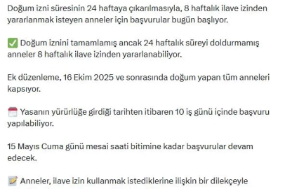 İlave doğum izni başvuruları bugün başlıyor