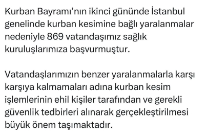 İstanbul İl Sağlık Müdürü Güner: "Kurban kesimine bağlı 869 vatandaşımız sağlık kuruluşlarımıza başvurmuştur"
