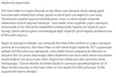 THY Yönetim Kurulu Başkanı Murat Şeker, Dünya Kabin Memurları Günü’nü kutladı
