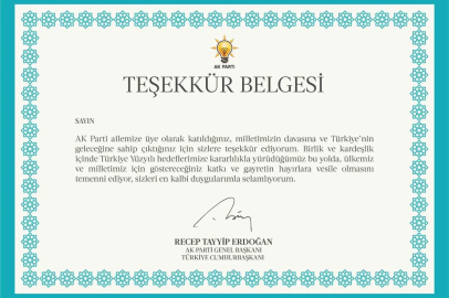 AK Parti’den 11,5 milyon üyesine Cumhurbaşkanı Erdoğan imzalı teşekkür belgesi
