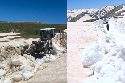 Hakkari’de yaz günü 3 metreyi bulan karda yol açma çalışması
