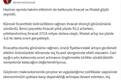 Bakan Şimşek: Cari açığın sürdürülebilir seviyelerde kalacağını değerlendiriyoruz