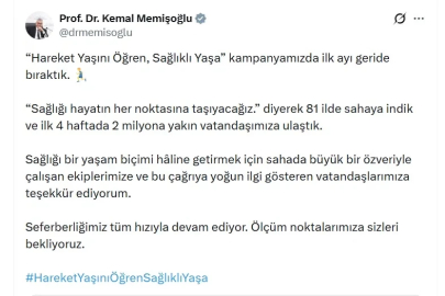 Bakan Memişoğlu: 'Hareket Yaşını Öğren, Sağlıklı Yaşa' kampanyamızda 2 milyona yakın vatandaşımıza ulaştık
