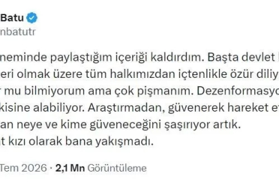 Deprem zamanında "Devlet yoktu" diye paylaşım yapan Pelin Batu özür diledi
