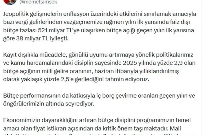 Bakan Şimşek: Bütçe açığı 38 milyar TL iyileşti