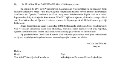 YÖK’ten öğrenim ücreti artışına ilişkin vakıf üniversitelerine uyarı yazısı
