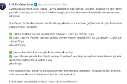 Bakan Bolat: Esnaf desteklerimiz ekonomimize önemli katkı sağlayacak