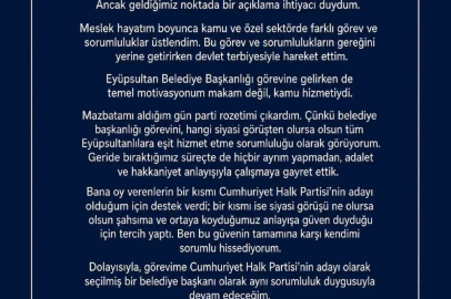 Eyüpsultan Belediye Başkanı Özmen, "Görevime CHP’nin seçilmiş bir belediye başkanı olarak devam edeceğim"

