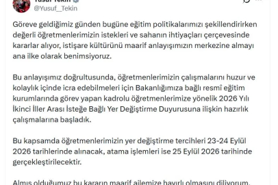 Bakan Tekin: Öğretmenlerimizin yer değiştirme tercihleri 23-24 Eylül'de alınacak