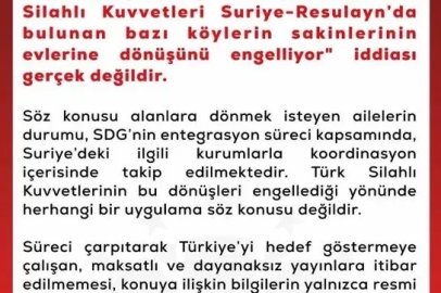 DMM’den, "Türk Silahlı Kuvvetleri Suriye’de bazı köy sakinlerinin evlerine dönüşünü engelliyor" iddialarına yalanlama
